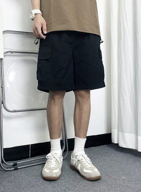 Mmel黑色工装短裤男日系宽松直筒百搭潮牌休闲五分裤纯棉夏季新款