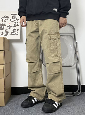 Mmel 重磅水洗日系复古工装裤男潮牌宽松直筒春秋新款堆积感长裤