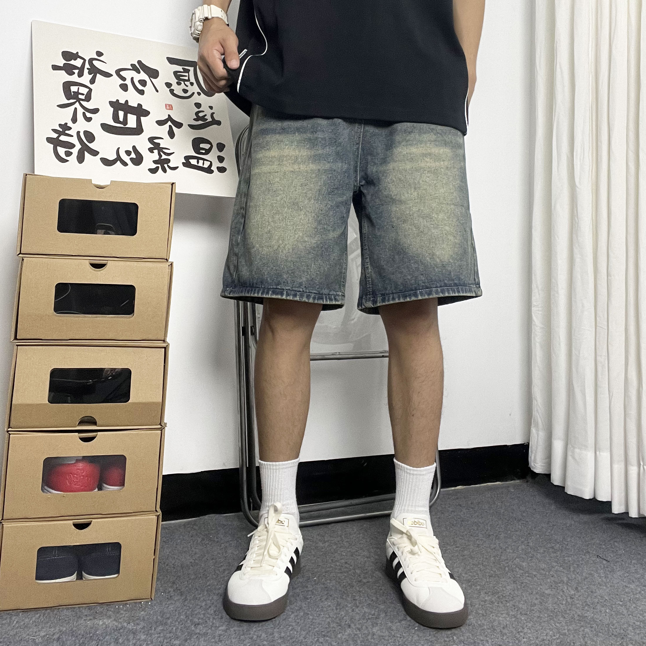 Mmel 美式复古水洗牛仔短裤男潮牌宽松直筒街头高级感五分裤夏季
