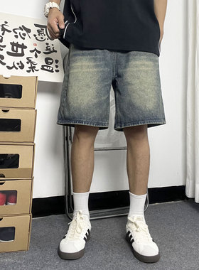 Mmel 美式复古水洗牛仔短裤男潮牌宽松直筒街头高级感五分裤夏季
