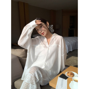 高级感 白衬衣女款 极简麻感翻领天丝防晒衬衫 女春季