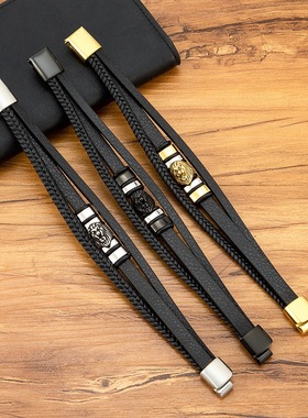 潮牌男钛钢狮子头手链皮质