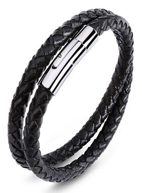 黑色真皮编织双圈手链男ins小众设计皮绳简约高级感男生手环饰品