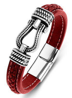 2026马年马蹄扣手链男士红色皮绳编织手绳本命年转运饰品新年喜庆