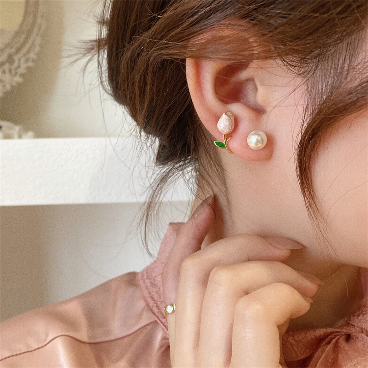 郁金香耳钉女士耳环Cute Tulip Pearl Alloy Earring Ear Studs