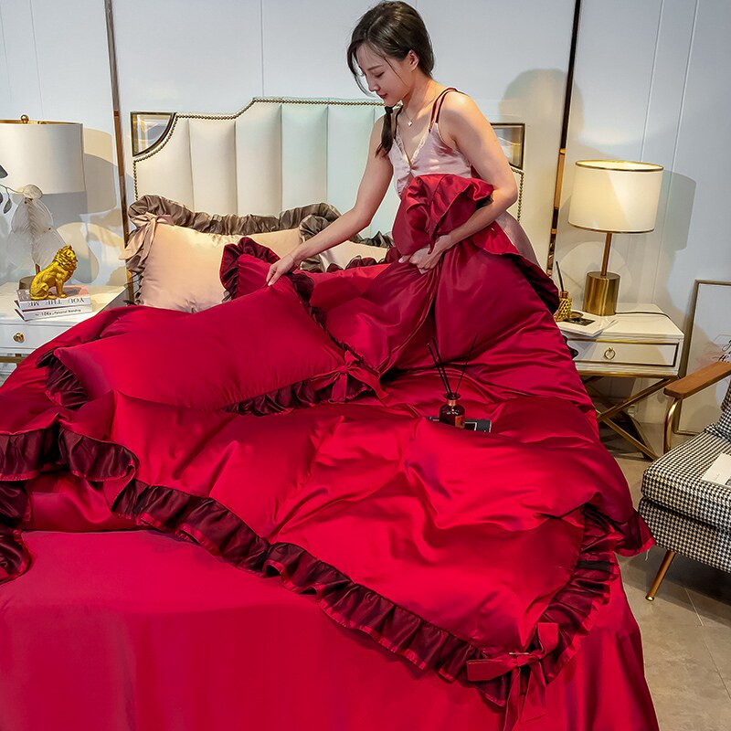 WEDDING ICE SILK FOUR-PIECE WEDDING BIG RED SHEET DUVET SKIRT 1.8M BED FITTED WEDDING ROOM SUMMER 4-PIECE SET