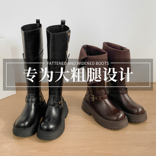米霏~真皮胖mm长筒靴女粗腿大筒围高筒靴加宽厚底骑士靴大码女靴