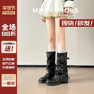 真皮~厚底褶皱中筒裤管靴女秋堆堆长筒靴西部牛仔骑士靴大码女靴