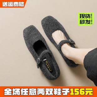 法式灰色毛毛鞋女冬外穿平底玛丽珍豆豆鞋加绒单鞋大码女鞋41到43