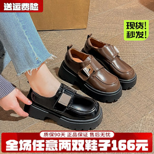 厚底小皮鞋女春秋新款面试通勤粗跟单鞋英伦乐福鞋大码女鞋41到43