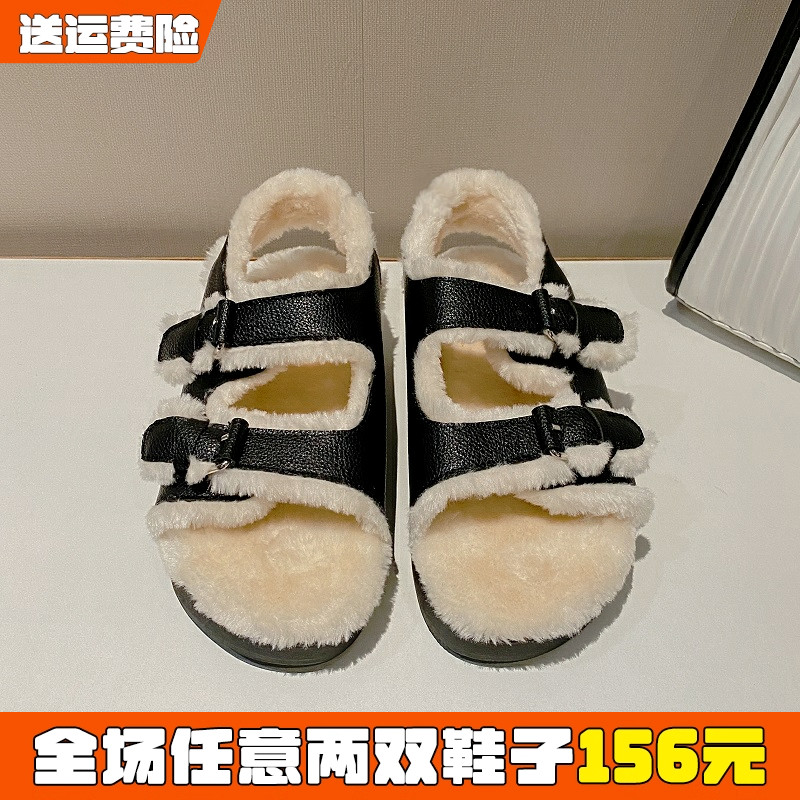 一字扣羊羔毛凉鞋女外穿