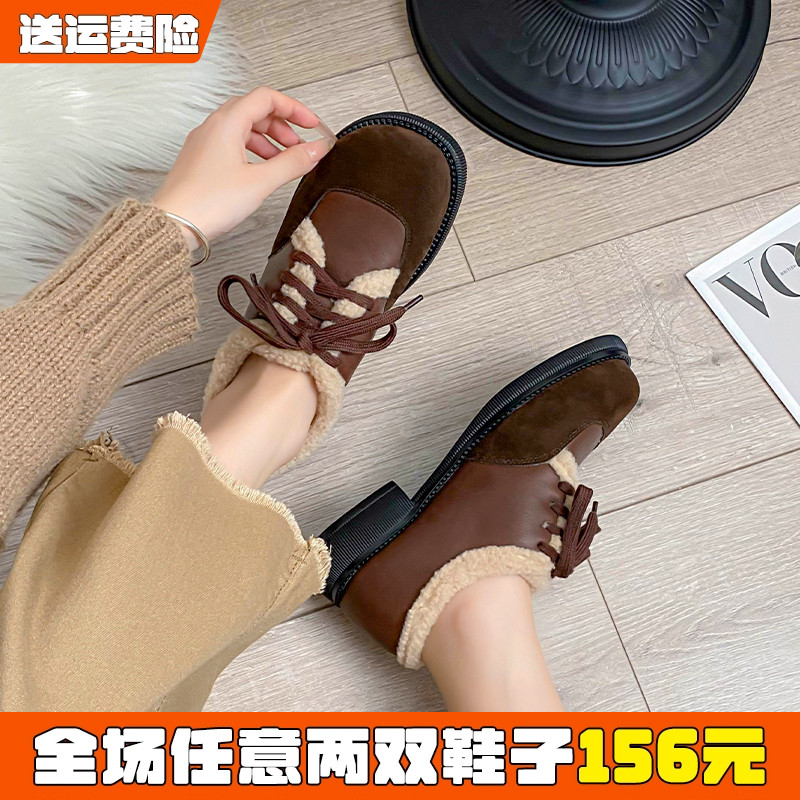 加绒乐福鞋女秋冬复古勃肯小皮鞋