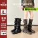 女靴 管靴骑士靴大码 真皮 复古皮带扣褶皱长筒靴女粗腿厚底堆堆裤