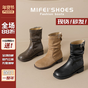 真皮版~褶皱扣带平底堆堆靴女秋冬配裙子圆头中筒小短靴大码女靴