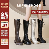大筒围v口长筒靴女胖mm粗腿厚底高筒靴绑带骑士靴大码 长靴41到43