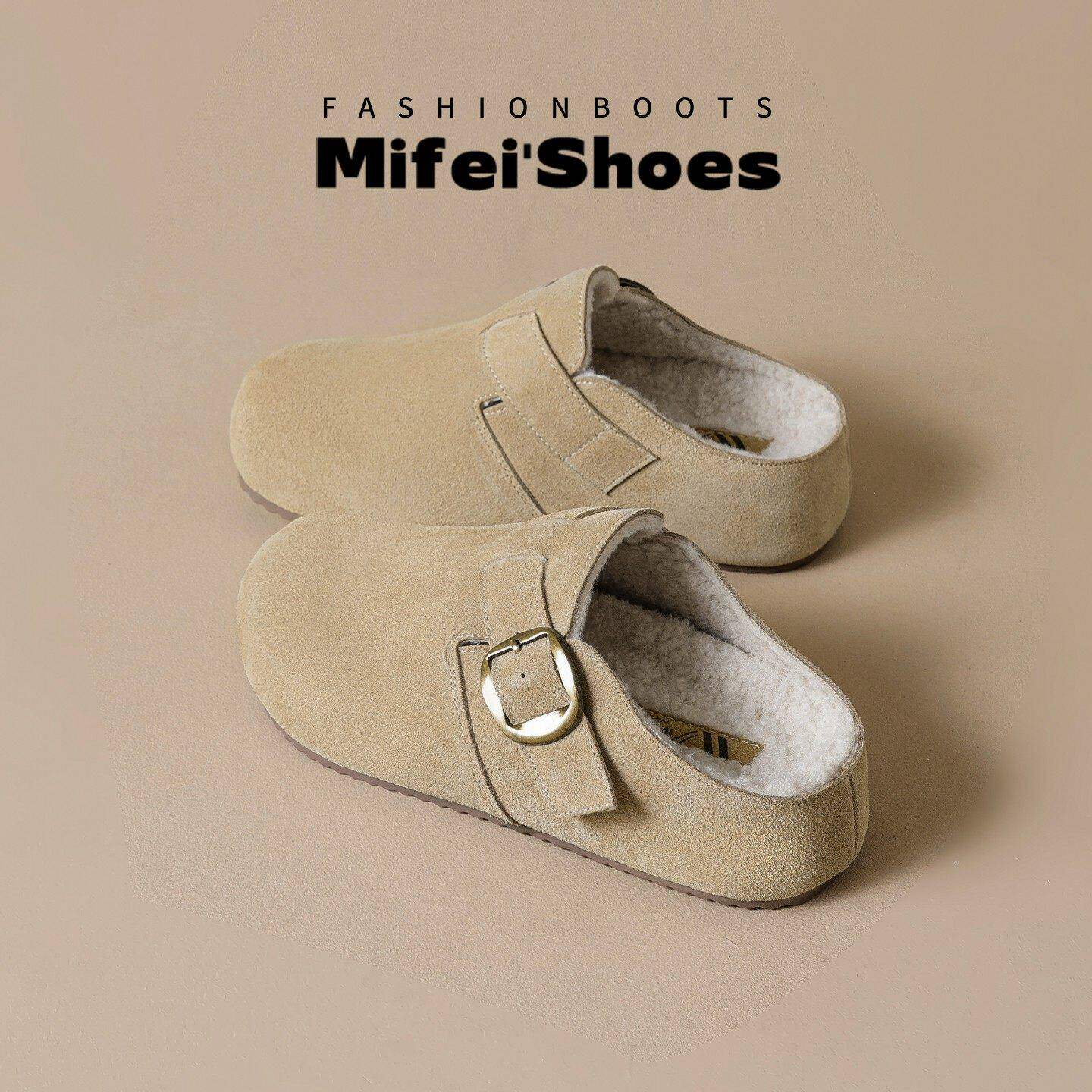 真皮~厚底勃肯鞋女秋冬包头半拖鞋外穿加绒内增高棉拖鞋大码女鞋