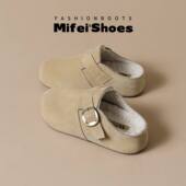 厚底勃肯鞋 女鞋 女秋冬包头半拖鞋 大码 外穿加绒内增高棉拖鞋 真皮