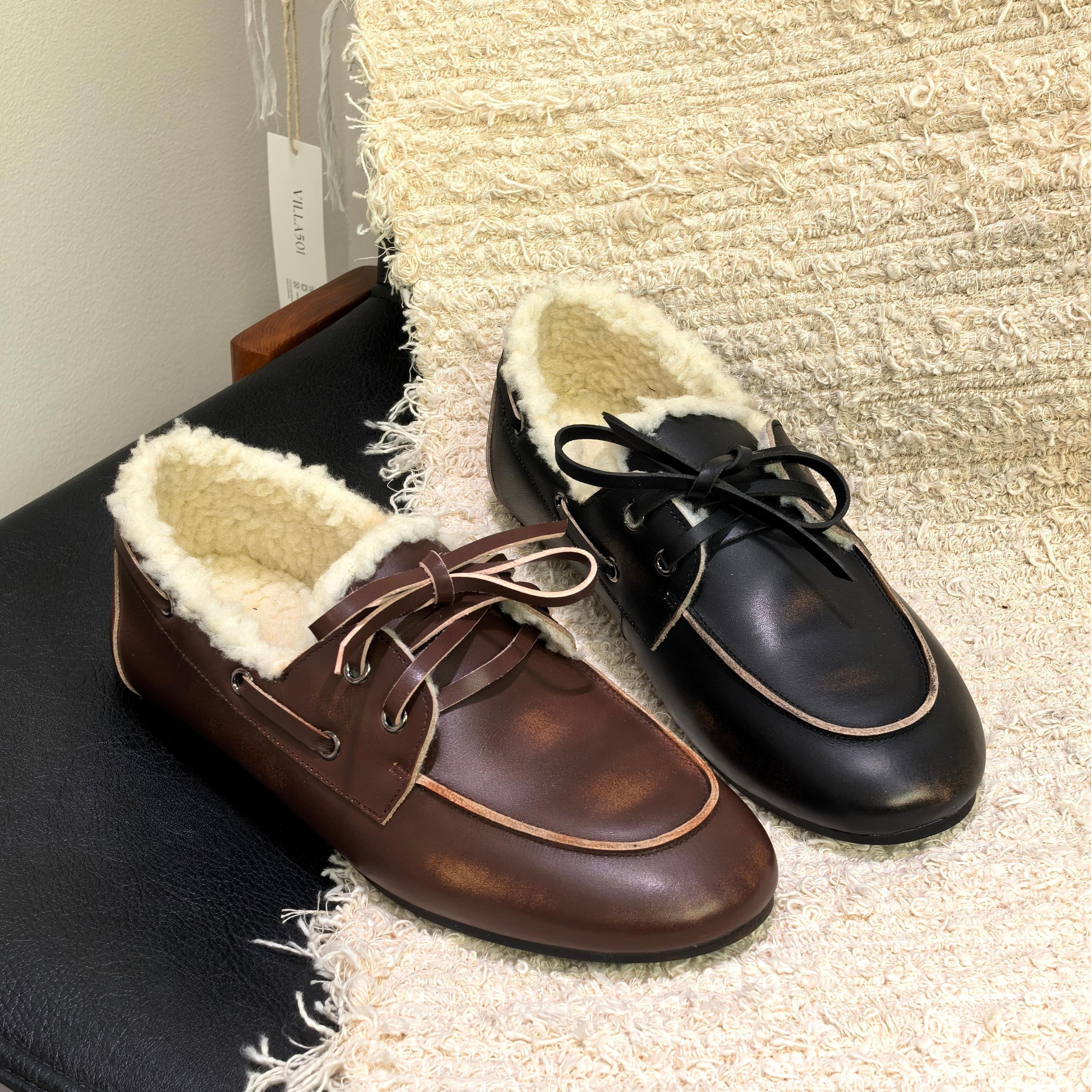 小牛皮老钱穆勒鞋女2025年秋冬棉鞋新款真皮擦色加绒毛毛圆头手工