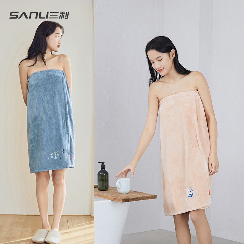 三利毛巾珊瑚绒浴裙成人刺绣浴衣情侣浴袍抹胸可穿浴巾吸水干发帽