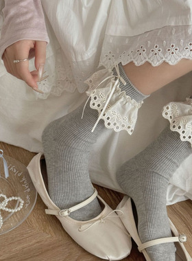 木耳边花边袜子女灰蓝色系清新可爱中筒袜女袜ins潮撞色配小皮鞋