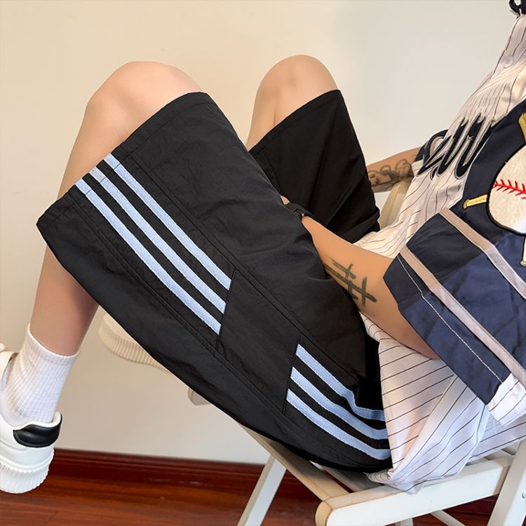 美式条纹速干短裤男夏季美式复古高街潮牌宽松休闲运动直筒五分裤