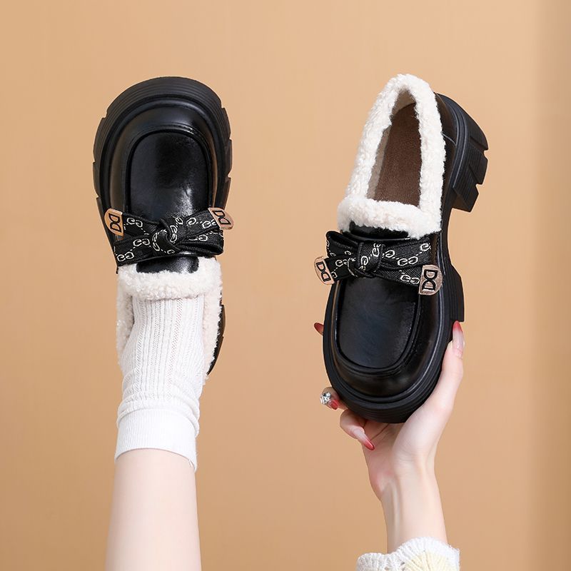 加绒英伦风小皮鞋女2025新款冬季爆款毛毛保暖棉鞋厚底黑色乐福鞋