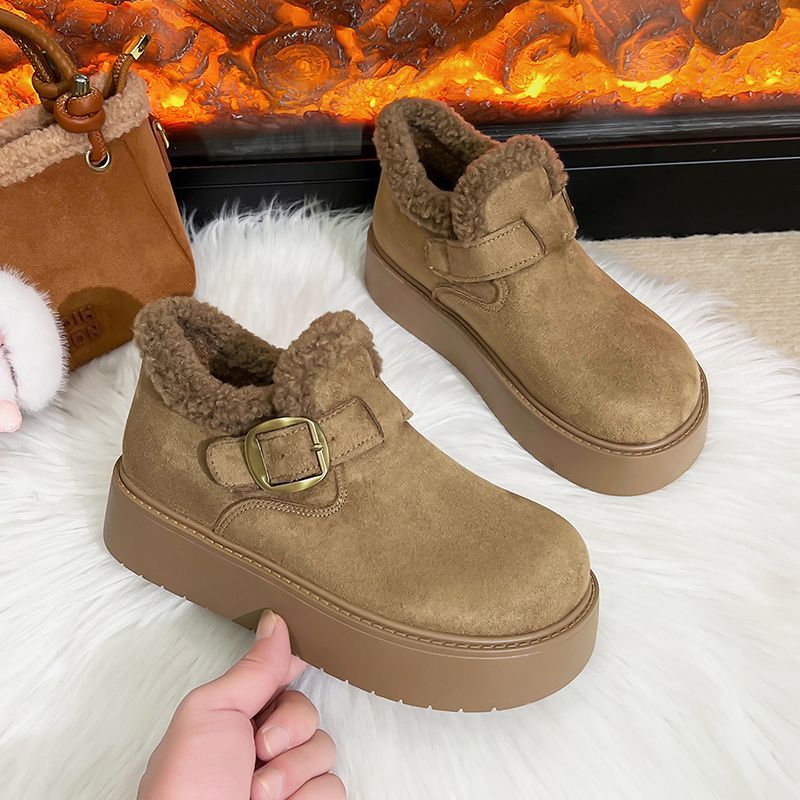 厚底加绒保暖全包勃肯鞋女2025冬季新款东北雪地靴防滑皮带扣棉鞋