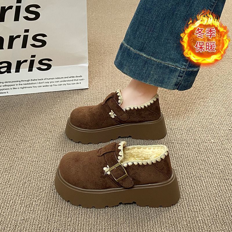 厚底勃肯鞋女2025新款秋冬加绒加厚保暖棉鞋一脚蹬懒人花边乐福鞋