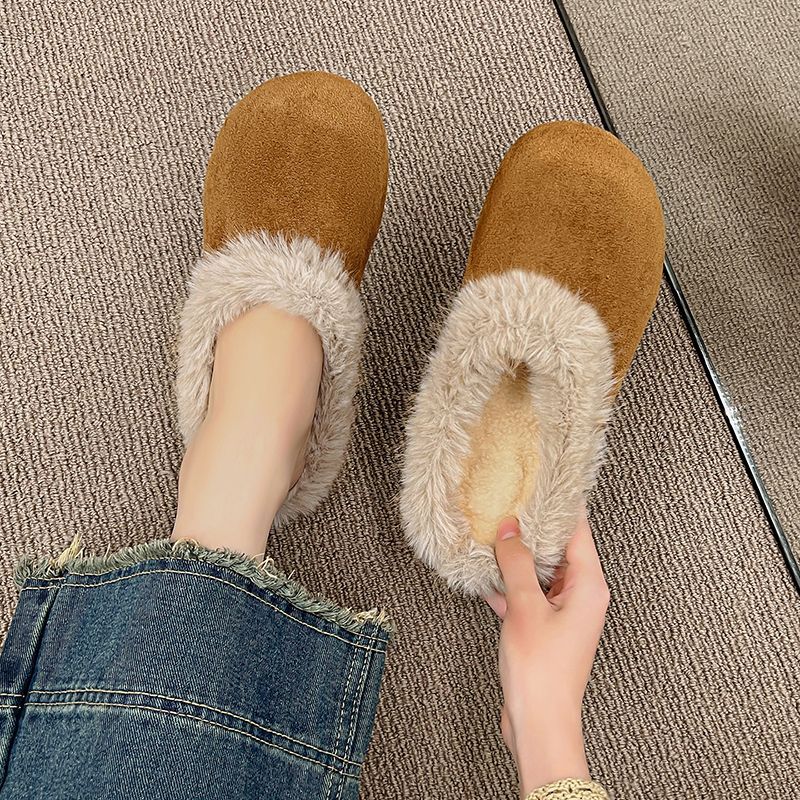 毛毛平底勃肯拖鞋女外穿2025新款秋冬加绒一脚蹬包头棉拖大码4142