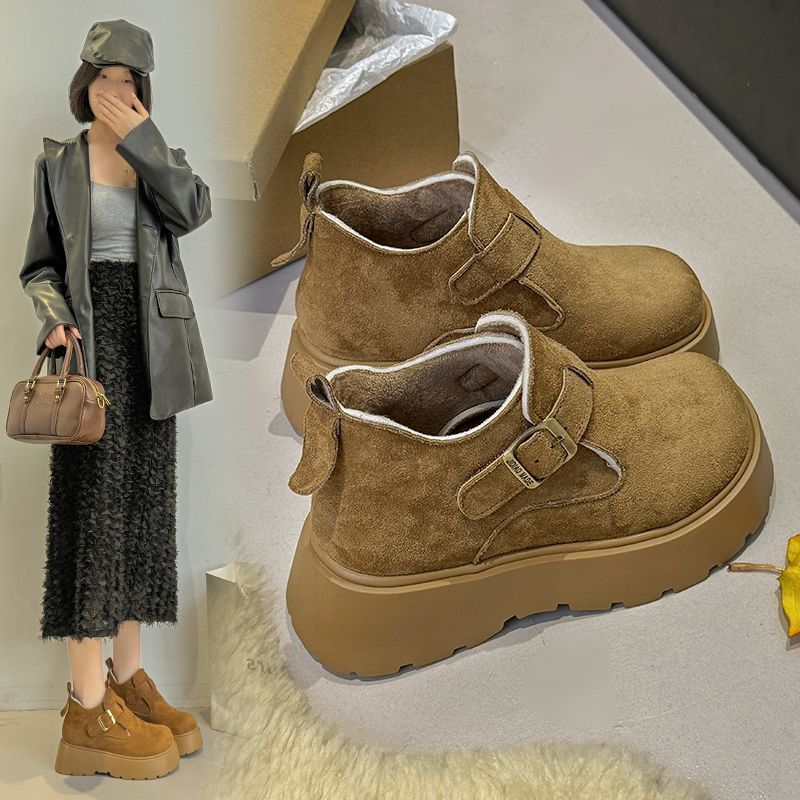 加绒厚底勃肯鞋女2025新款冬季复古防滑保暖棉鞋增高皮带扣雪地靴