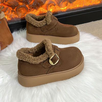 厚底加绒毛毛勃肯鞋女2025新款冬季乐福鞋防滑棉鞋东北雪地靴34码