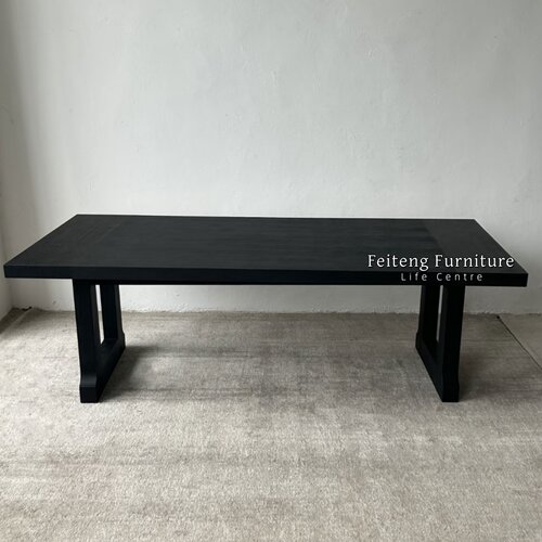 中古风黑色实木餐桌法式轻奢