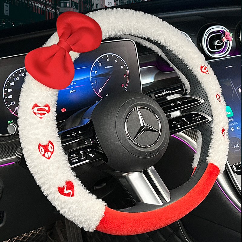 汽车方向盘套冬季毛绒加热防滑网红蝴蝶结四季通用保暖车把套女款