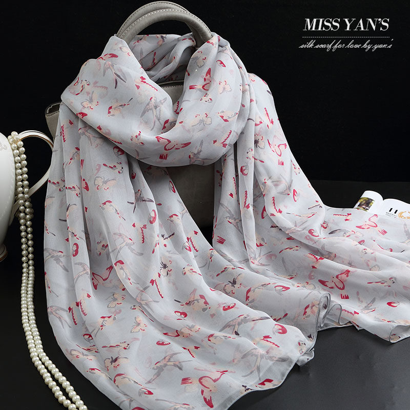 灰色小鸟印花真丝丝巾女桑蚕丝丝绸围巾杭州长款夏春秋冬季百搭