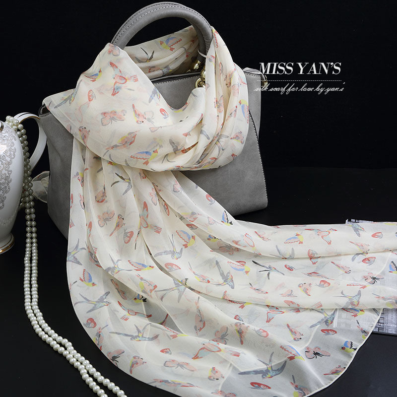 米黄小鸟印花真丝丝巾女桑蚕丝丝绸围巾杭州长款夏春秋冬季百搭
