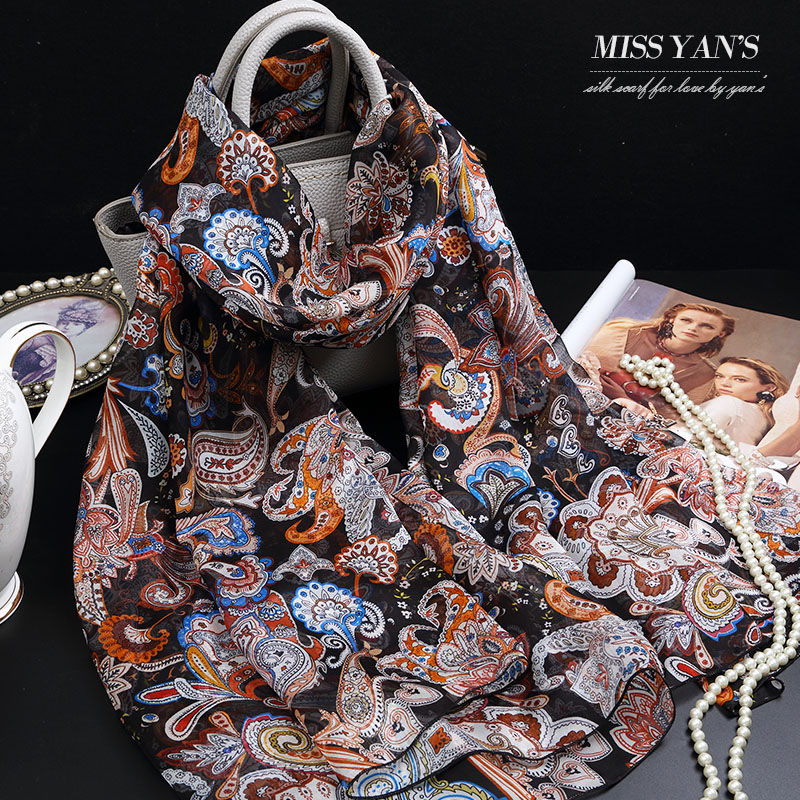 金腰果花卉印花真丝丝巾女桑蚕丝丝绸围巾杭州长款夏春秋冬季百搭