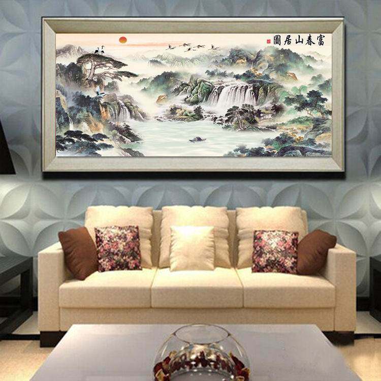 富春山居图大幅手工印花十字绣满客厅新款山水风景画自己线绣刺绣