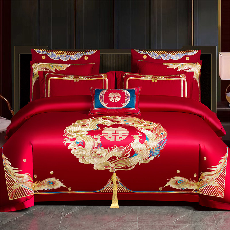 轻奢刺绣红色结婚四件套双喜龙凤