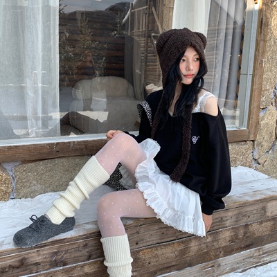 Pufouy蕾丝吊带露肩宽松斜肩卫衣小众设计慵懒风长袖上衣秋冬季