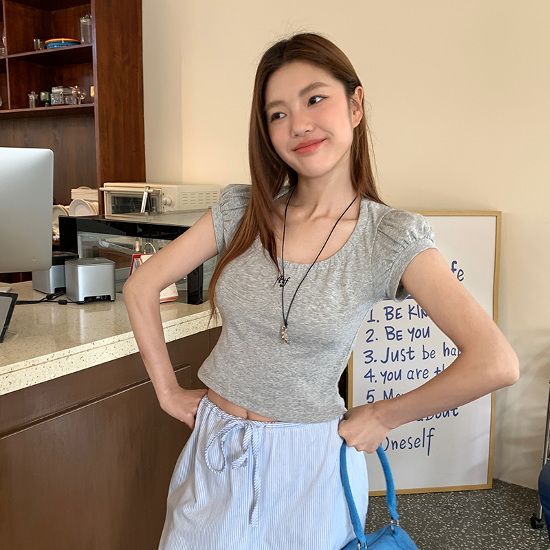 Pufouy泡泡袖绑带修身短袖显瘦百搭休闲夏季T恤上衣甜美设计感女