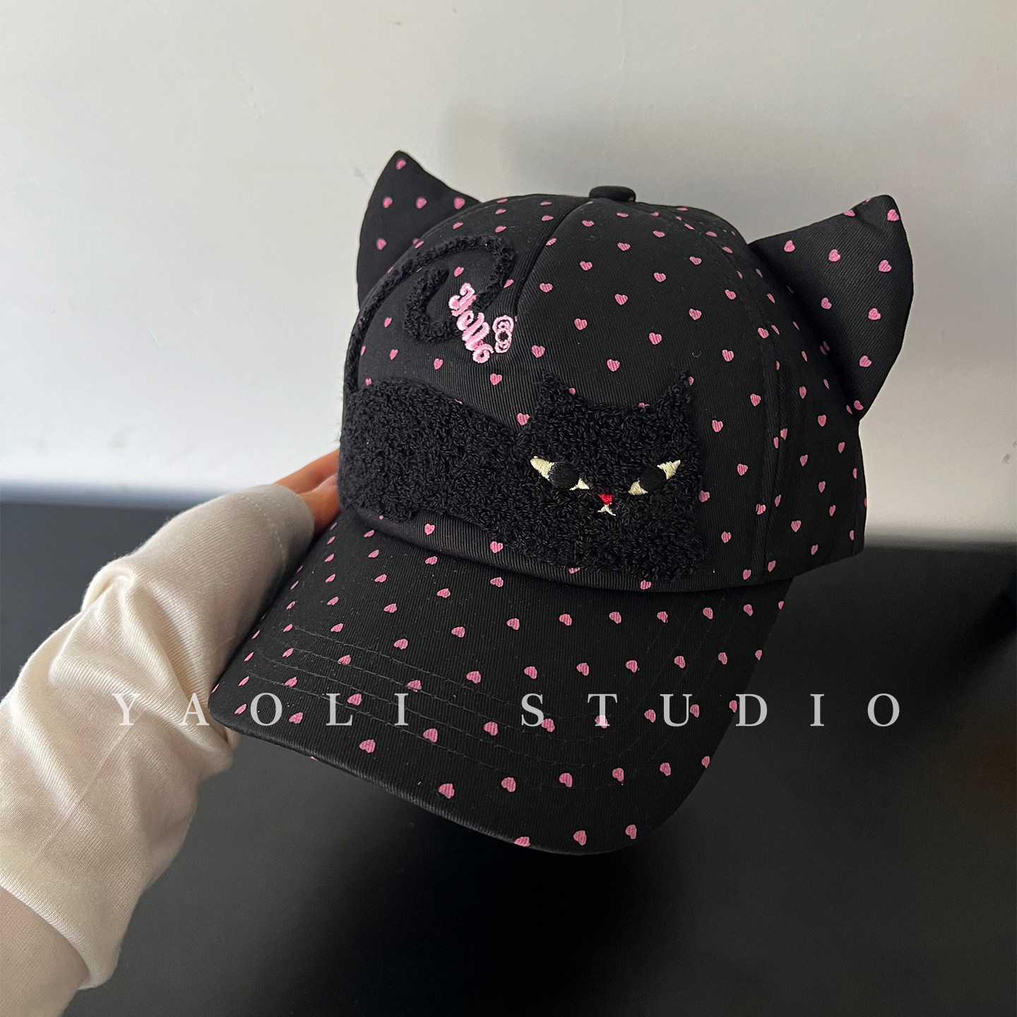 YAOLI美式复古可爱波点猫咪耳朵刺绣棒球帽子女户外遮阳鸭舌帽男