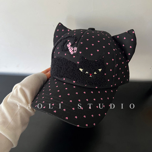 YAOLI美式复古可爱波点猫咪耳朵刺绣棒球帽子女户外遮阳鸭舌帽男