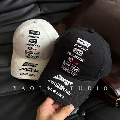 YAOLI刺绣字母嘻哈做旧水洗破洞棒球帽子女春夏显脸小遮阳鸭舌帽