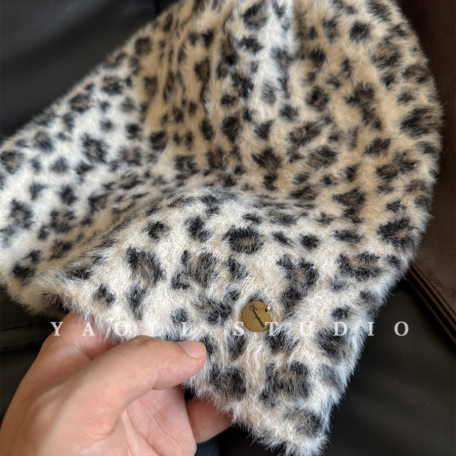 YAOLI豹纹毛绒～美式复古针织套头帽子女秋冬保暖大头围冷帽男潮