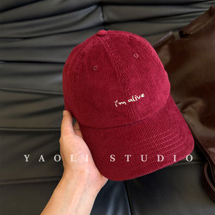 YAOLI美式 复古alive刺绣灯芯绒棒球帽子女户外遮阳显脸小鸭舌帽男