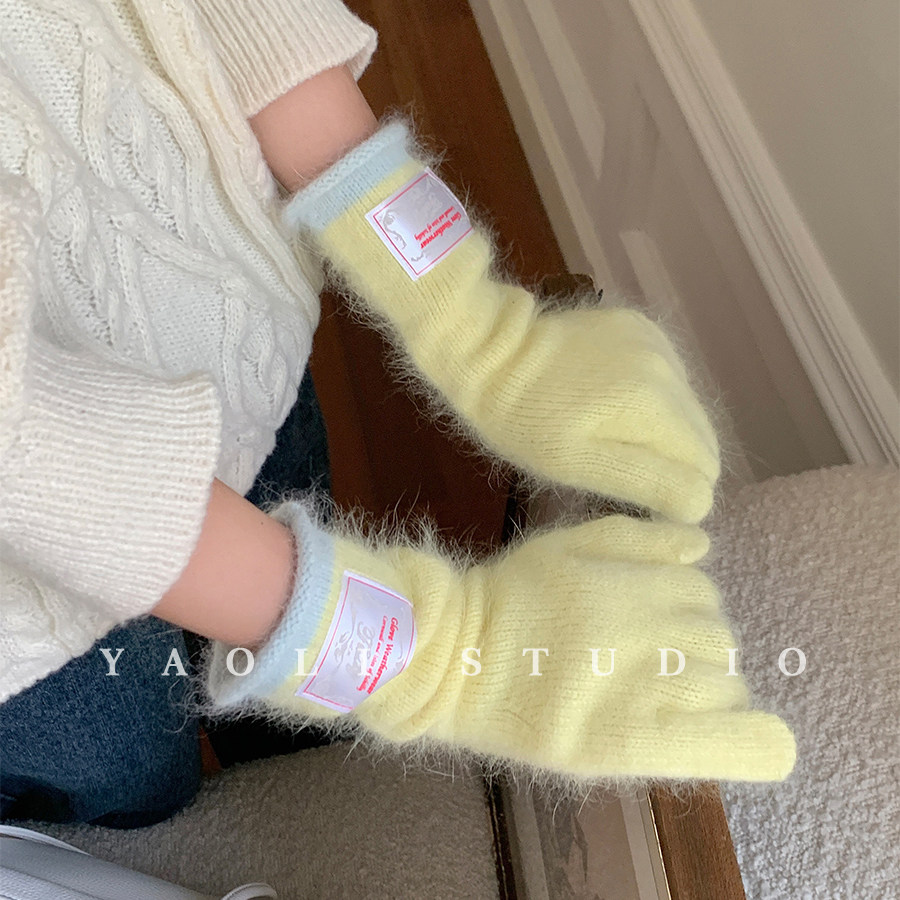 YAOLI~含兔毛贴标长腕露指可触屏针织手套女秋冬保暖骑行防寒韩