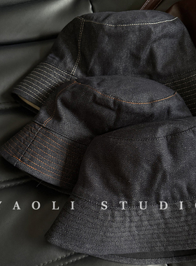 YAOLI韩系蓝色双面戴小牛津素颜渔夫帽子女户外大檐遮阳牛仔盆帽