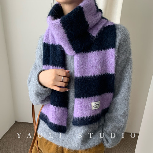 YAOLI条纹小云朵～韩系氛围感针织围巾女秋冬保暖防寒护颈围脖男