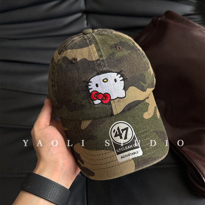 YAOLI美式kitty刺绣迷彩棒球帽子女春夏户外遮阳防晒软顶鸭舌帽潮