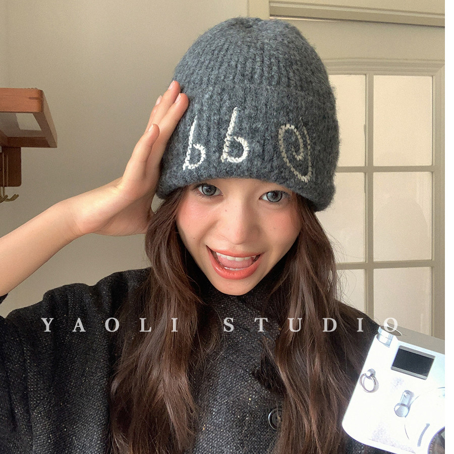 YAOLI韩系氛围感odd刺绣毛线帽子女秋冬保暖防寒大头围套头冷帽潮